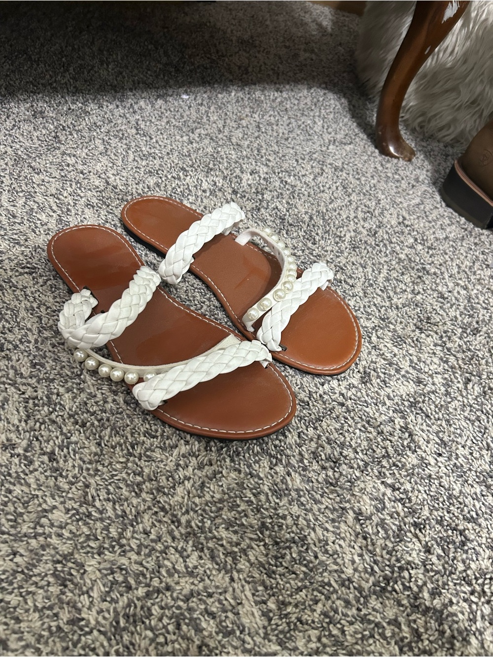 Women’s White Braided Pearl-Trim Slide Sandals